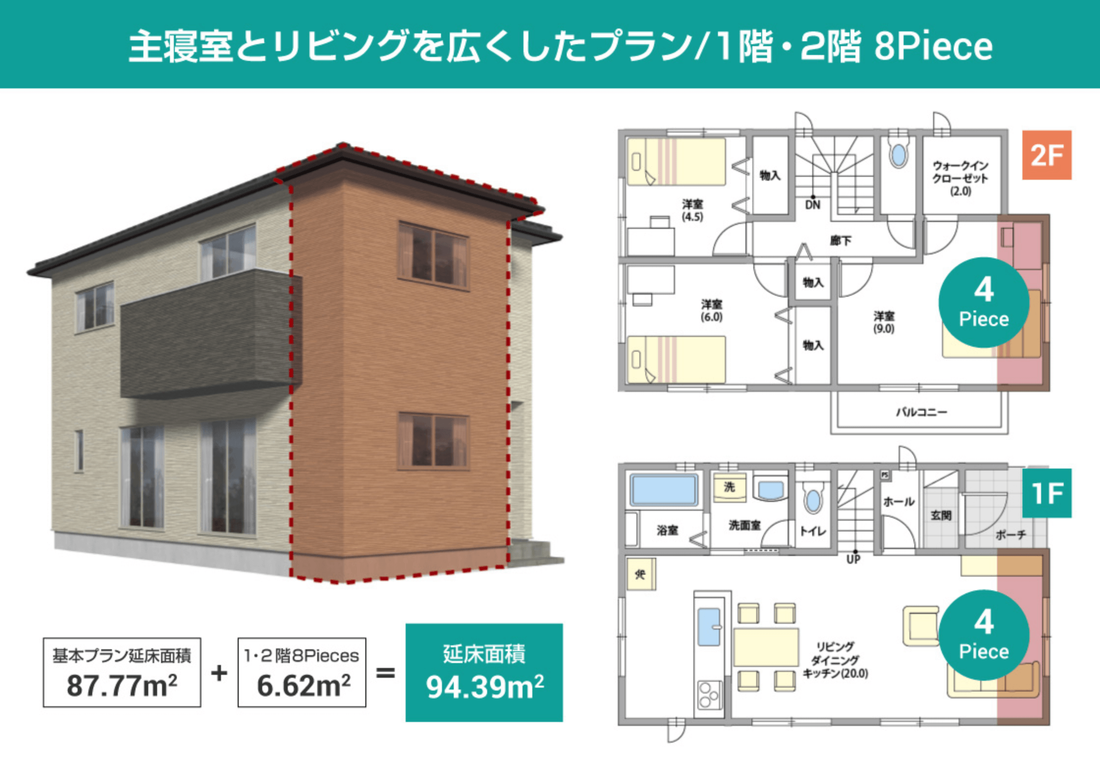 カスタマイズプラン3：主寝室とリビングを広くしたプラン 1階・2階 8Piece