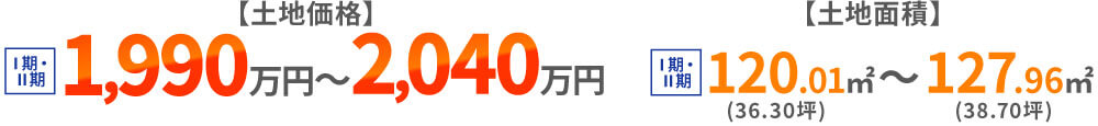 土地価格/【Ⅰ期Ⅱ期】1,990万円～2,040万円 土地面積/【Ⅰ期Ⅱ期】120.01㎡（36.30坪）～127.95㎡（38.70坪）