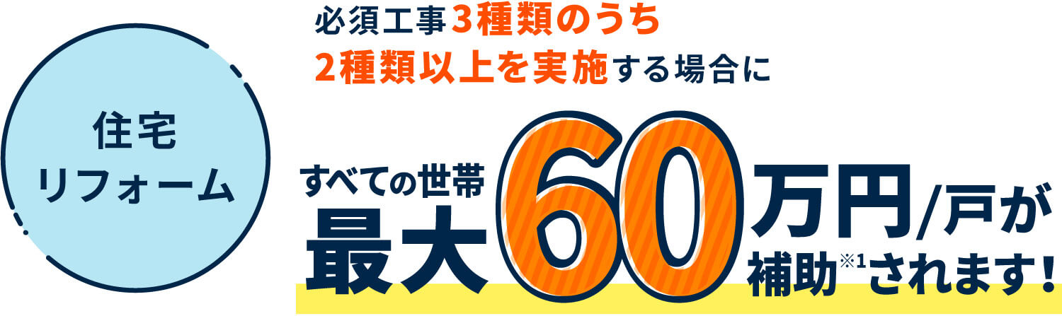 リフォームは子育て世帯・若者夫婦世帯以外も対象となります。 住宅リフォーム 住宅の所有者・居住者が、リフォーム工事を実施する場合に最大60万円/戸が補助※されます！