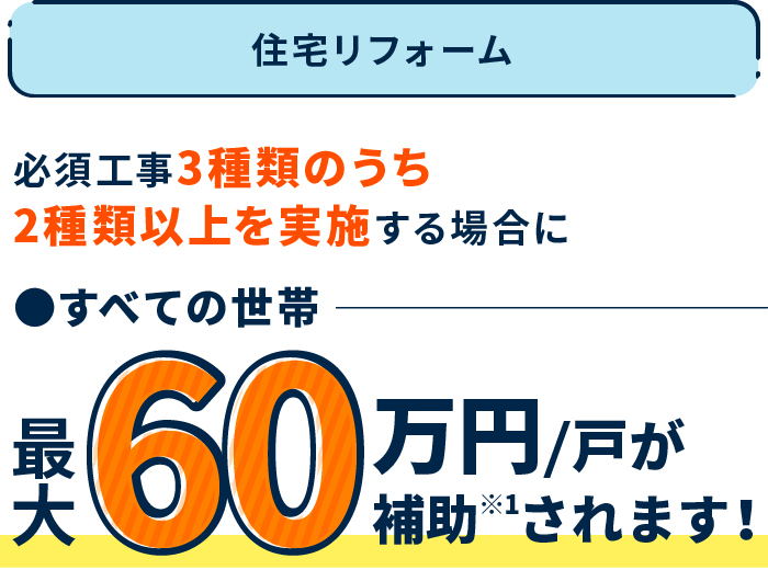 住宅リフォーム 必須工事3種類のうち2種類以上を実施する場合にすべての世帯で最大60万円／戸が補助※1されます!
