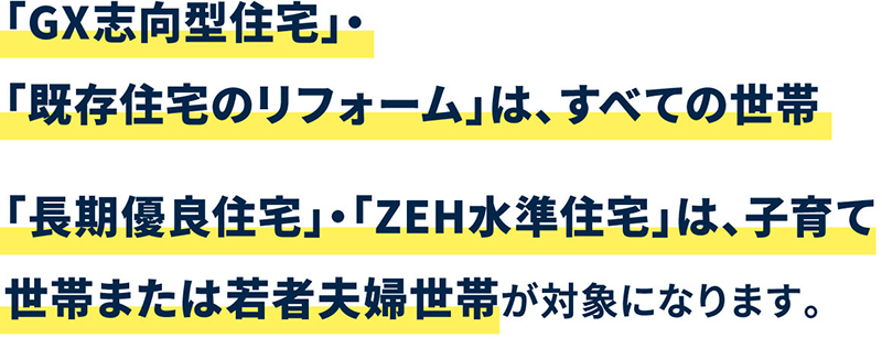 「GX志向型住宅」・「既存住宅のリフォーム」は、すべての世帯「長期優良住宅」・「ZEH水準住宅」は、子育て世帯または若者夫婦世帯が対象になります。