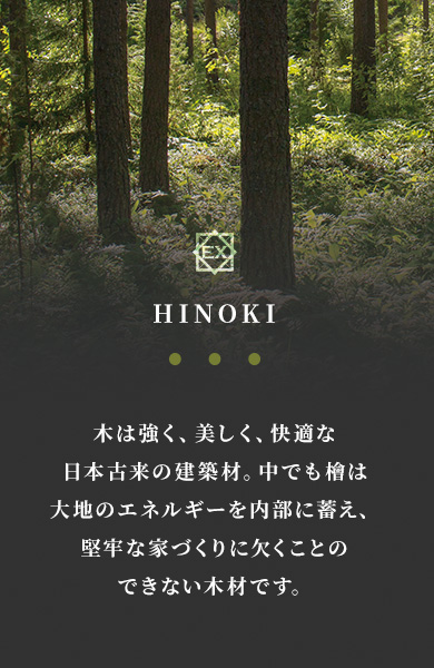HINOKI 木は強く、美しく、快適な日本古来の建築材。中でも檜は大地のエネルギーを内部に蓄え、堅牢な家づくりに欠くことのできない木材です。